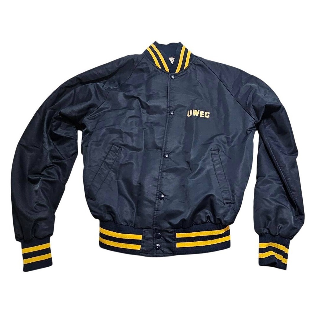 Vintage MVP Corp UWEC Eau Claire Varsity Bomber Jacket Navy Blue Mens Medium USA
